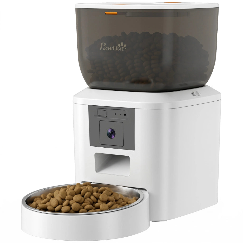 Distributore Automatico Cibo Gatti e Cani 4L WiFi 2.4G, App Controllo con Telecamera, Ciotola, Bianco