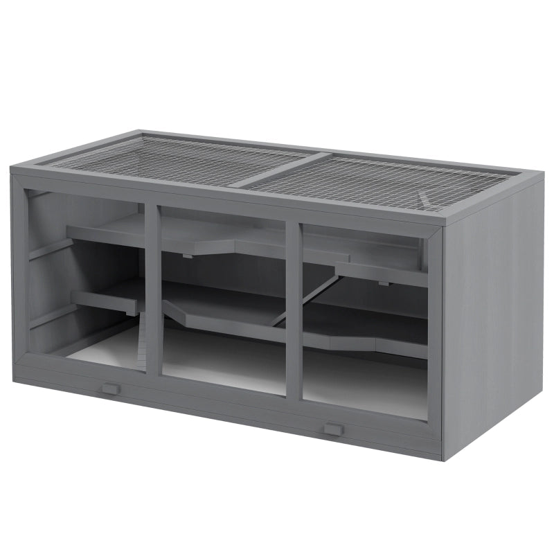 Gabbia per piccoli animali a più livelli in legno grigia 115 × 57 × 55 cm con tetto regolabile e vassoio lavabile