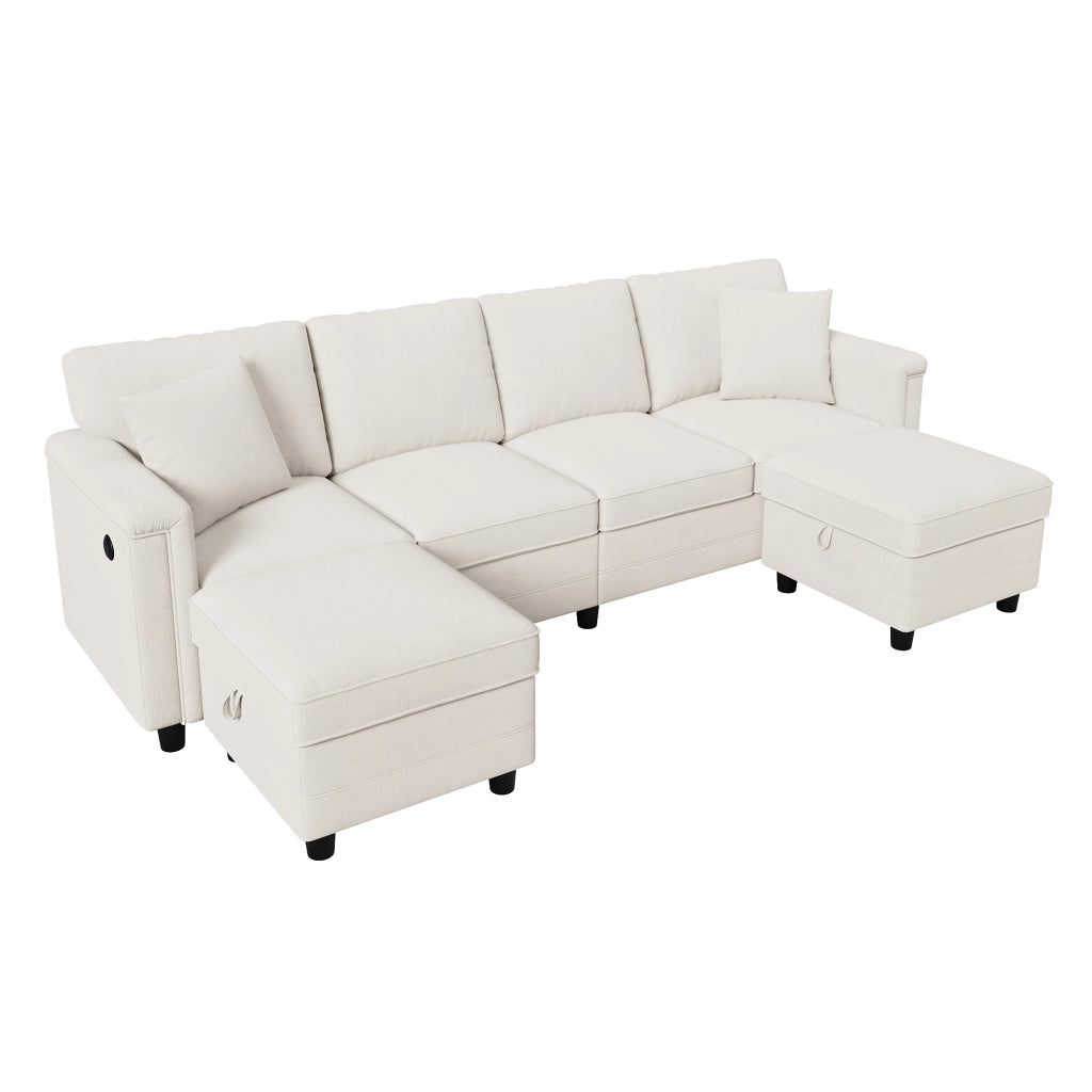 Divano modulare trasformabile a L e U 261 x 134 x 82 cm con due pouf contenitore; ciniglia beige