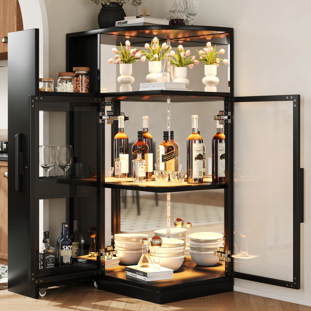 Vetrina 64x42x112 cm con mobile laterale estraibile e LED in vetro e truciolare nero