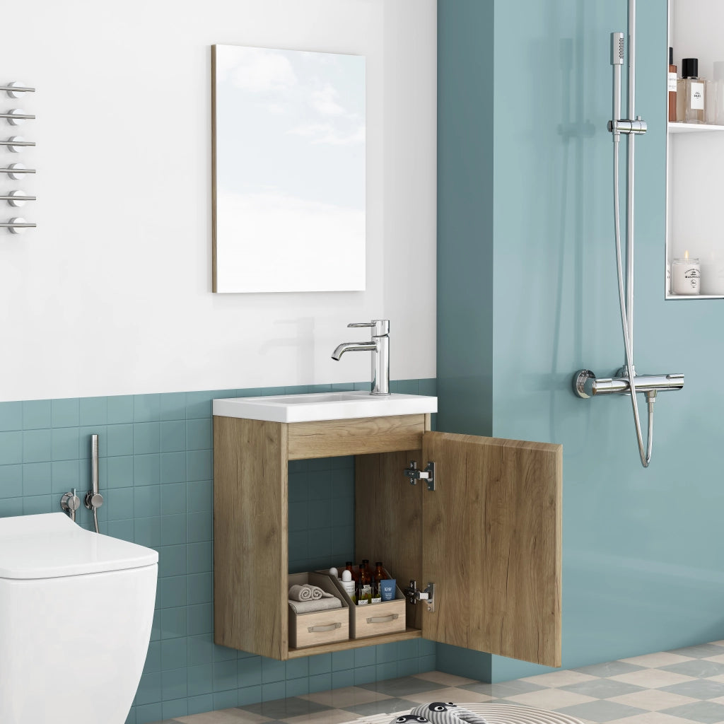 Mobile bagno sospeso 40 cm con lavabo in ceramica e specchio design senza maniglie in MDF colore rovere