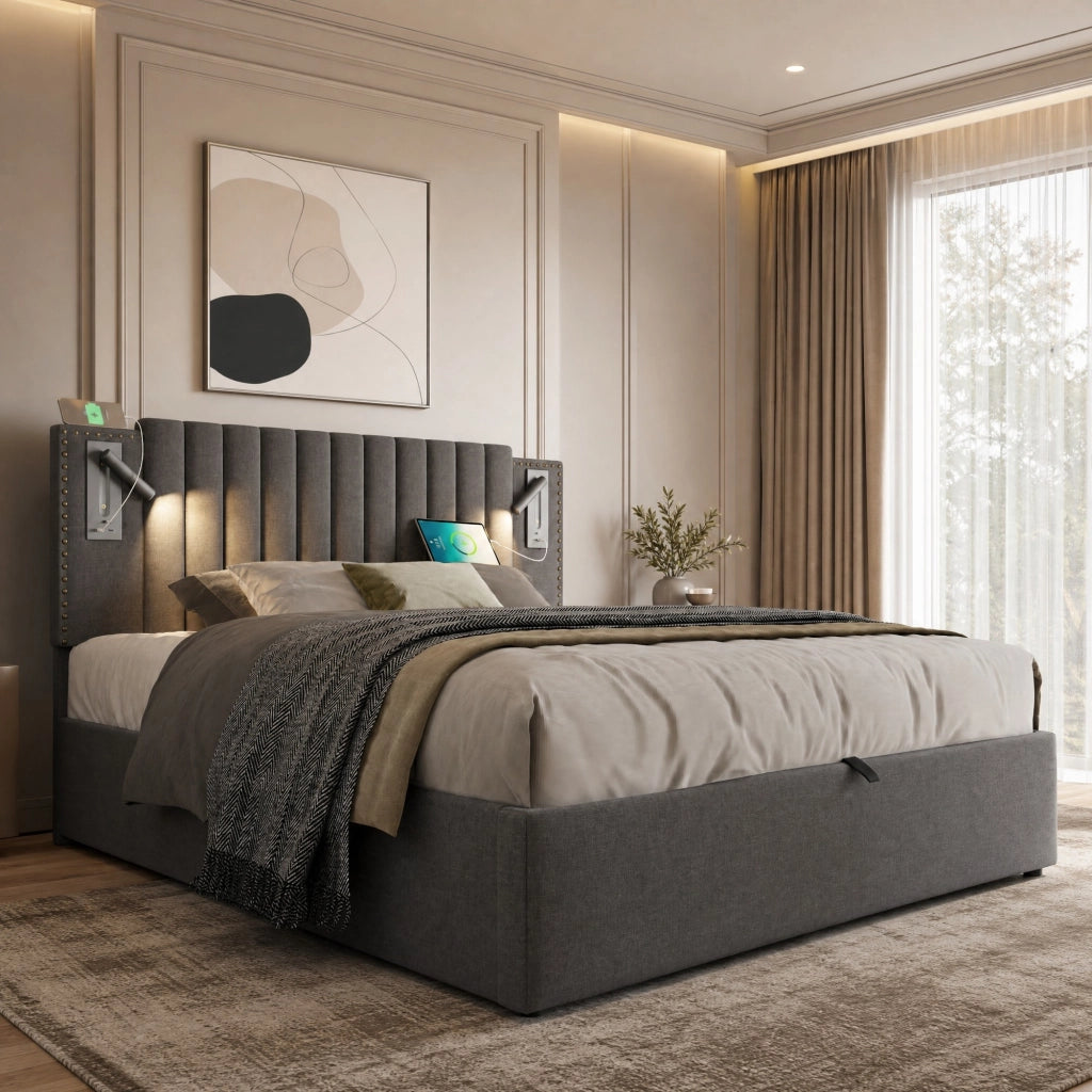 Letto matrimoniale 140 ¡Á 200 cm contenitore con rete a doghe in cotone grigio testiera regolabile luci USB Type-C