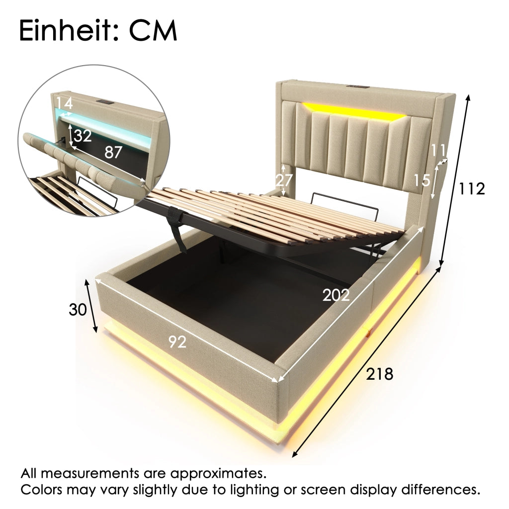 Letto singolo imbottito 90x200 cm con LED, testiera con USB e Type-C, beige