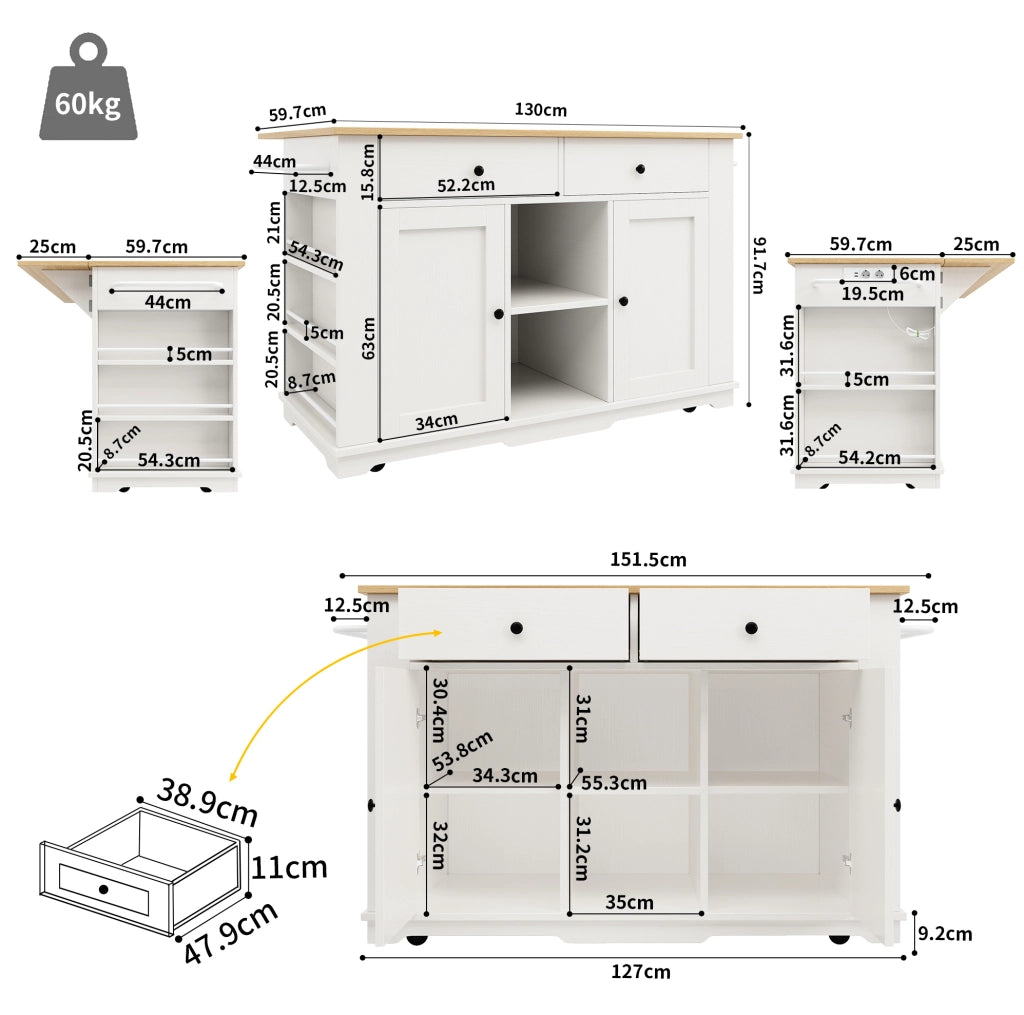 Isola cucina su ruote con piano pieghevole e prese; 151;5x84;7x91;7 cm; bianco e naturale