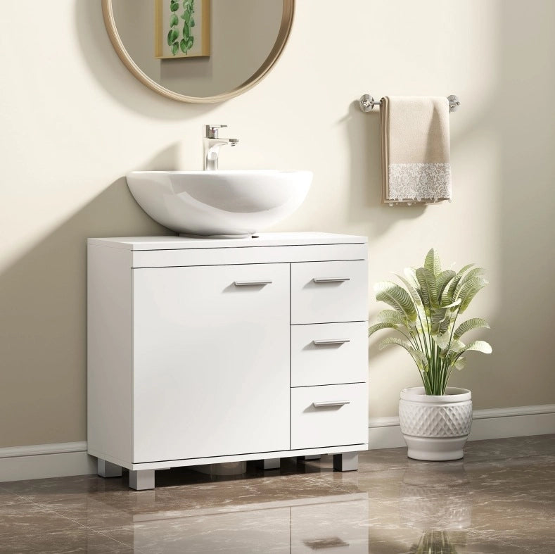 Mobile bagno bianco in MDF con ripiani, 3 cassetti e taglio a U per lavabo a colonna