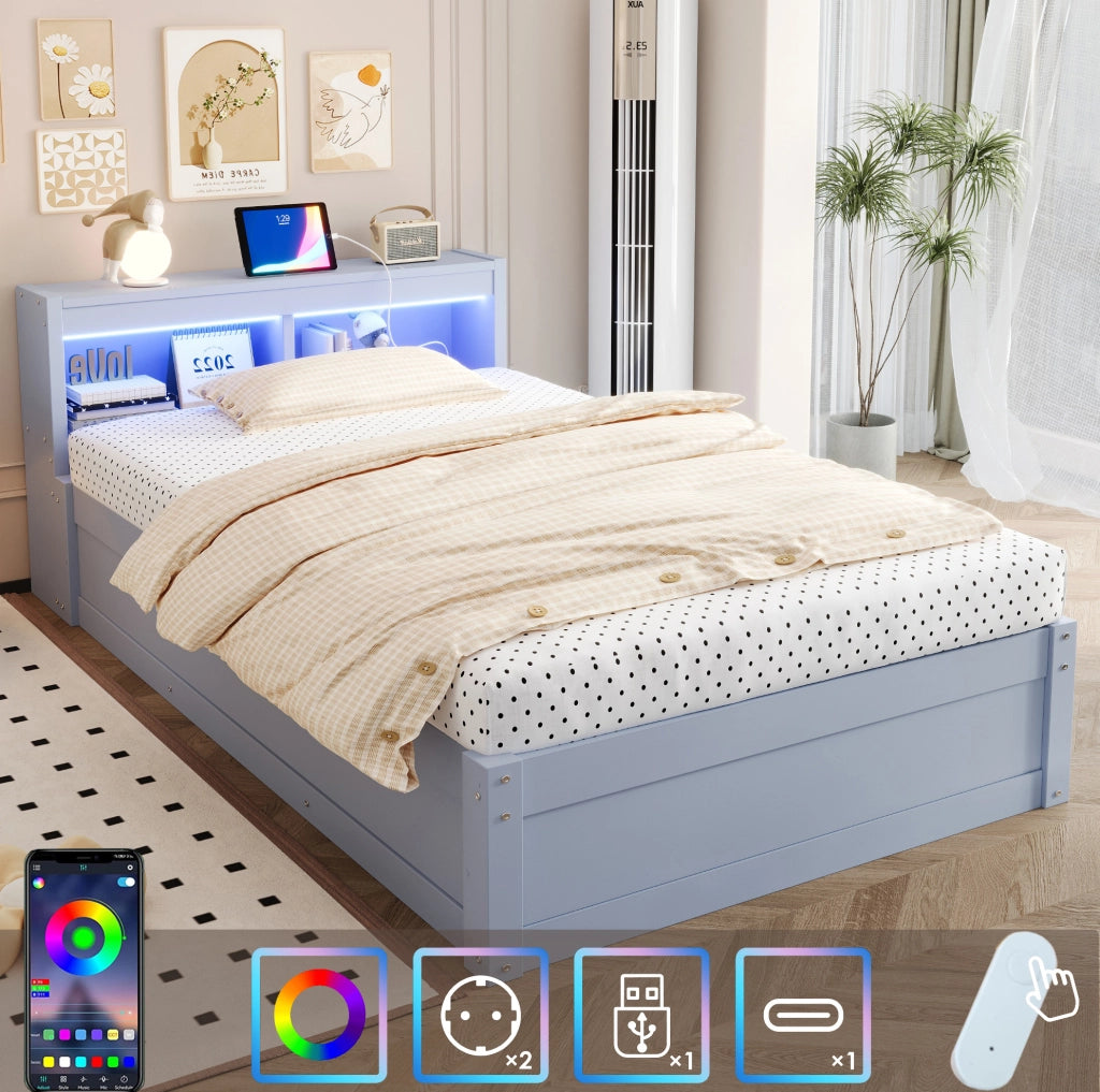 Letto singolo multifunzionale 90x200 cm in legno massello con contenitore idraulico, strisce LED colorate e presa elettrica integrata, grigio