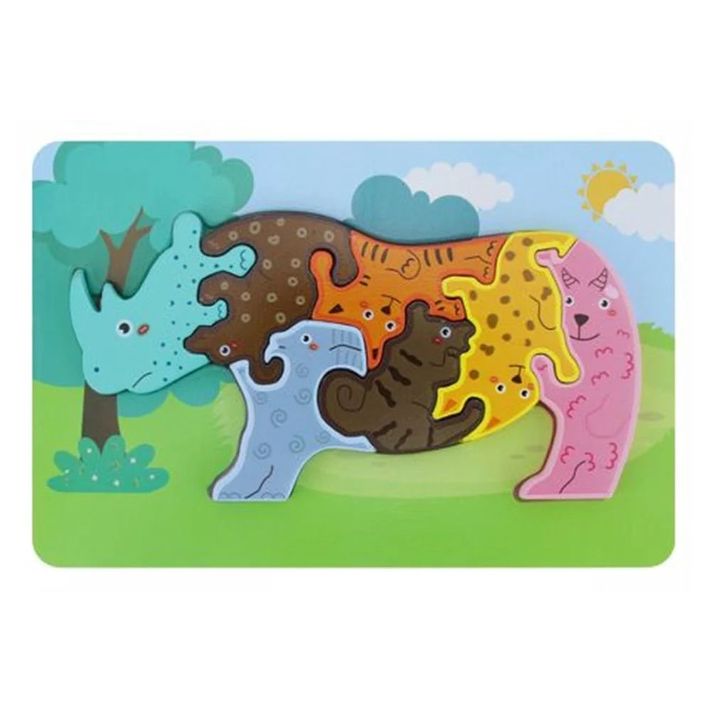 Trade Shop - Puzzle Legno Forma Rinoceronte Raffigurante Vari Animali A Incastro Gioco Educativo 74371 -