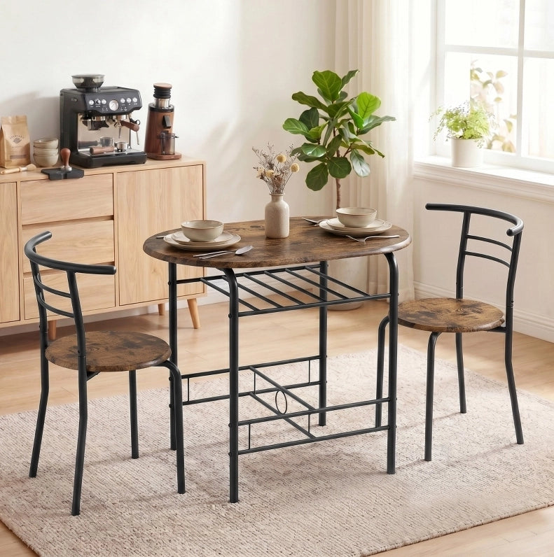 Set tavolo da cucina con 2 sedie e ripiano, marrone rustico