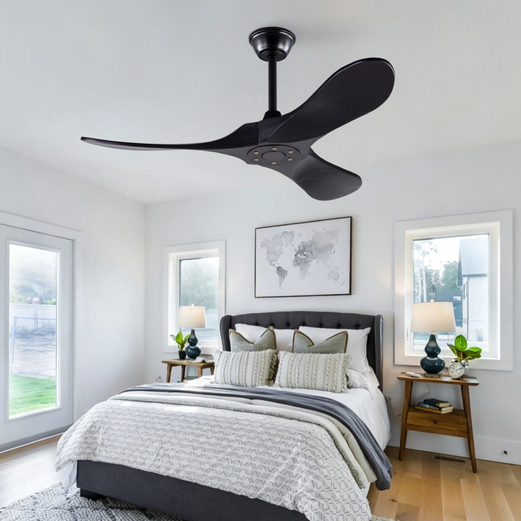 Ventilatore da soffitto da 42 pollici nero con 3 pale in legno massello e telecomando