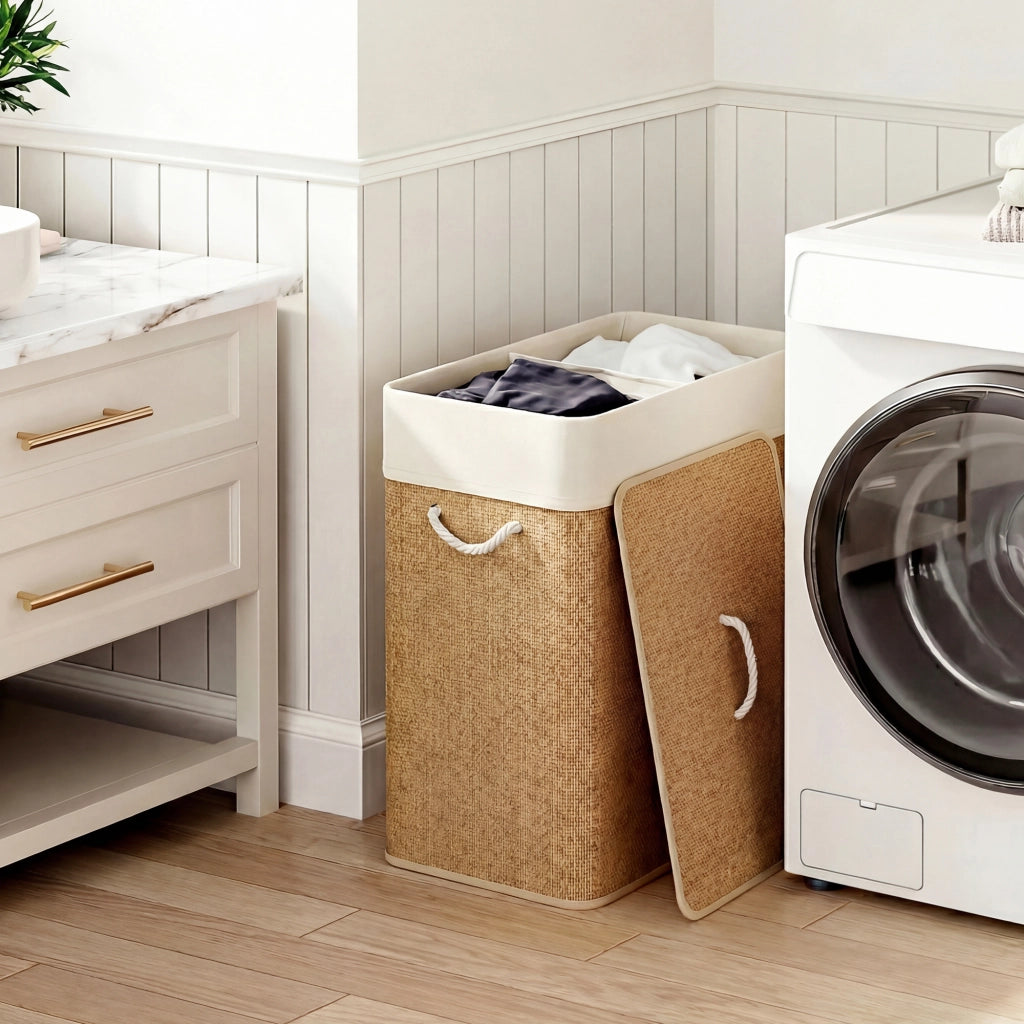 Cesto Portabiancheria in Bambu con Coperchio 100L a 2 Scomparti Sacco Rimovibile Maniglie in Corda Salvaspazio per Casa Bagno
