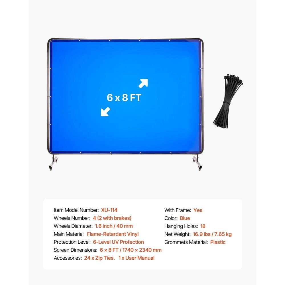 Welding Screen With Frame, 6 X 8 FT Welding Curtain Screen, Flame-Resistant Vinyl Safety Protection Screens With Lockable Swivel Wheels & 6-Level UV Protection For Workshop/Industrial Use, Blue