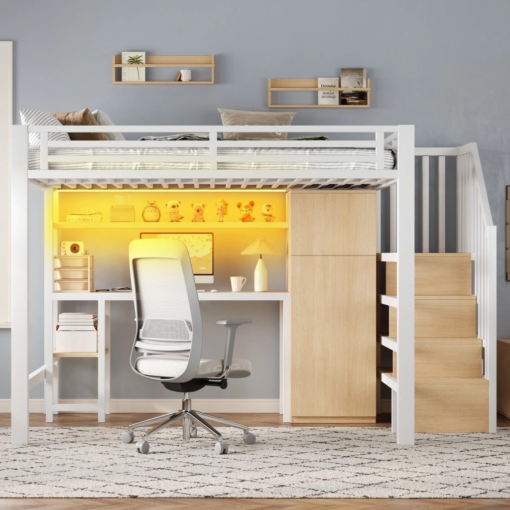 Letto a Soppalco 140x200 cm con Scrivania; Armadio; Mensola LED; Scala - Bianco