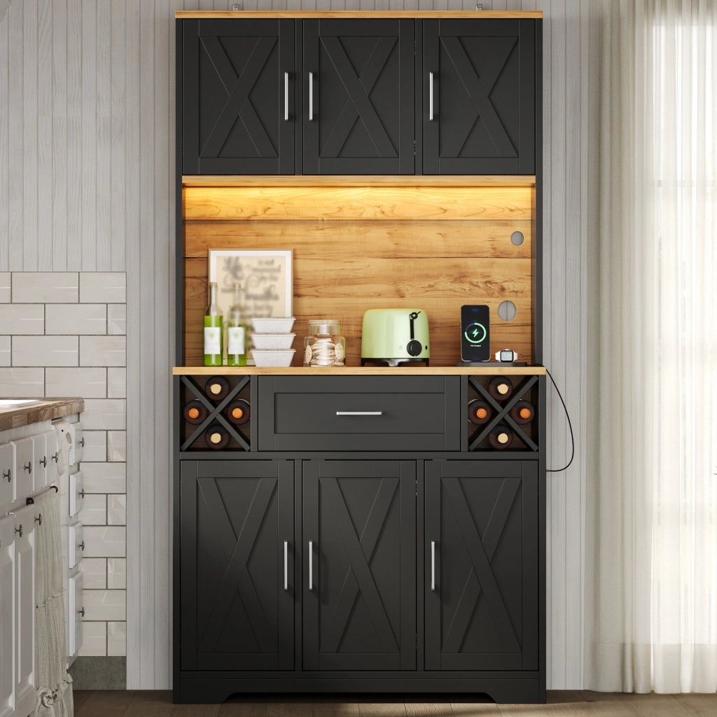 Credenza da cucina con LED RGB; vano aperto; cassetto; portabottiglie estraibili; prese e porte scorrevoli 105 × 40 × 180 cm