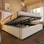 Letto contenitore 160 × 200 cm con testiera imbottita in lino beige rete a doghe e materasso inclusi