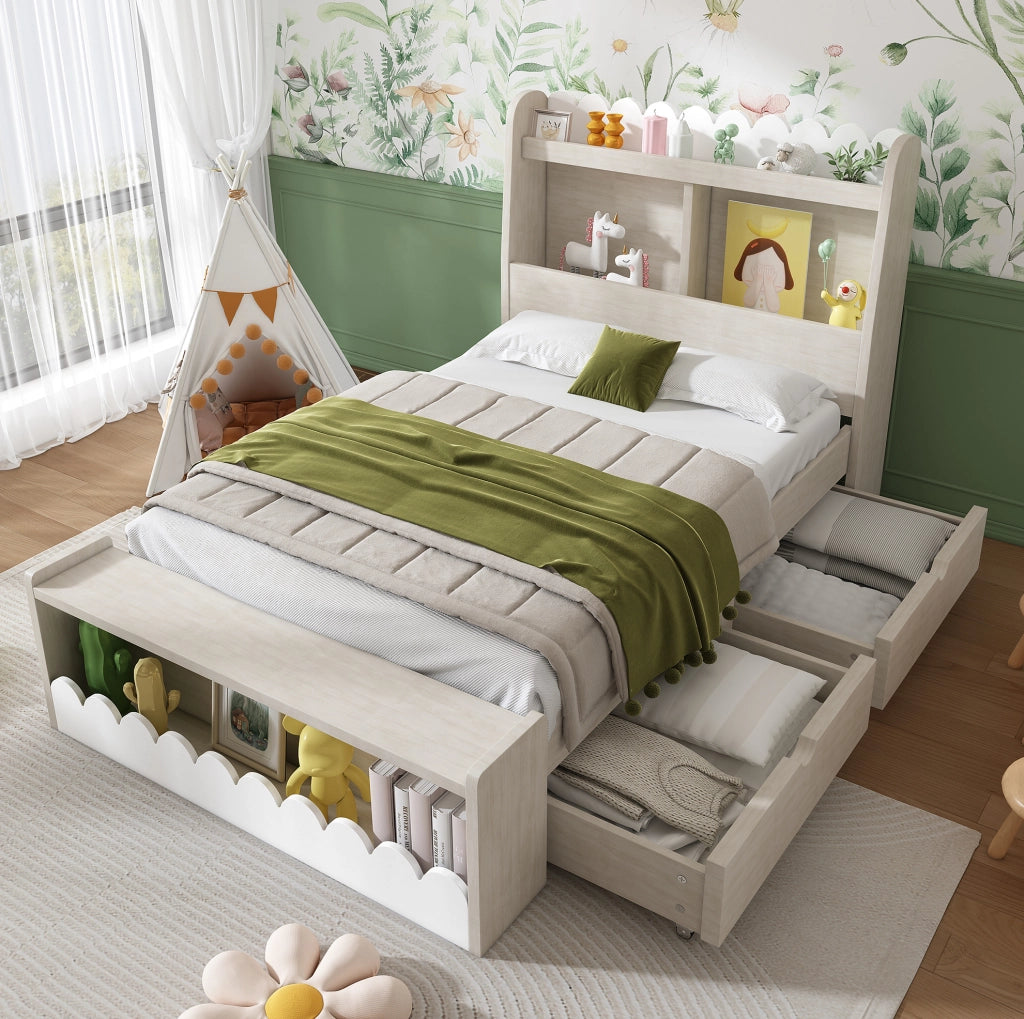 Letto singolo 90 x 200 cm con cassetti, ripiani e panca contenitore