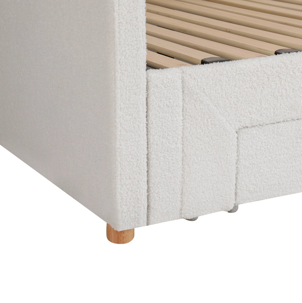 Letto imbottito estensibile con 2 cassetti, 90x200 cm, colore beige bouclé, con porta USB