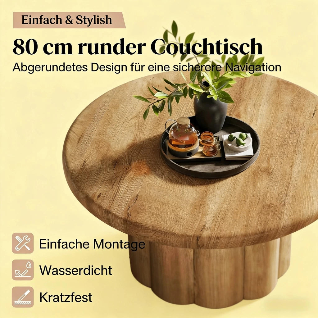Tavolino da caffè rotondo 80 cm con base a colonne scanalate in MDF superficie antigraffio colore marrone