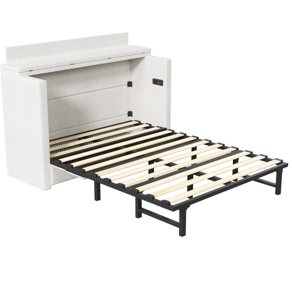 Letto a scomparsa 140x200 cm in lino beige con cassetto, prese USB e Type-C, struttura mobile con vano multifunzione, senza materasso