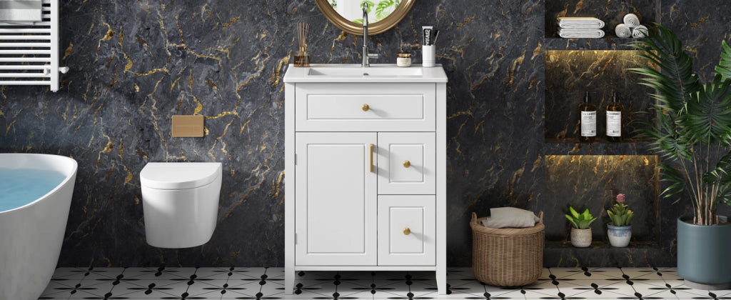 Mobile lavabo da terra 61 cm bianco lucido con lavabo in ceramica e maniglie dorate