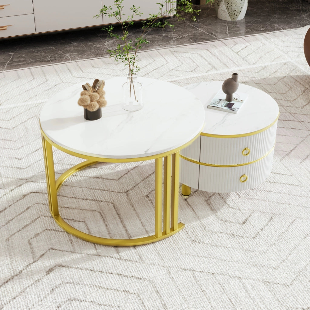 Set di 2 Tavolini Rotondi in MDF con Piano Lucido e Marmo Bianco, 70x70x46 + 50x50x40 cm