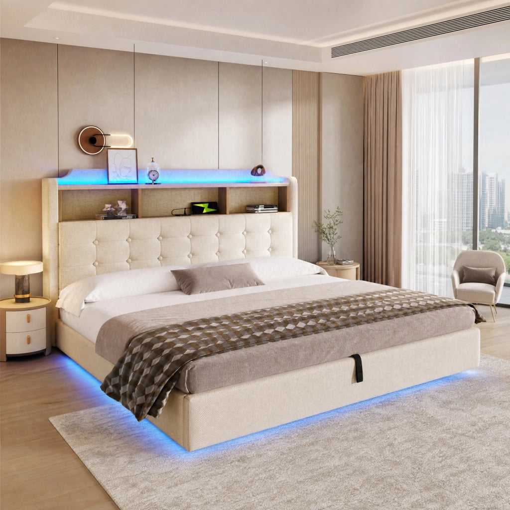 Letto matrimoniale 180 × 200 cm 2 posti con contenitore idraulico; LED; USB e Type-C; senza materasso; beige