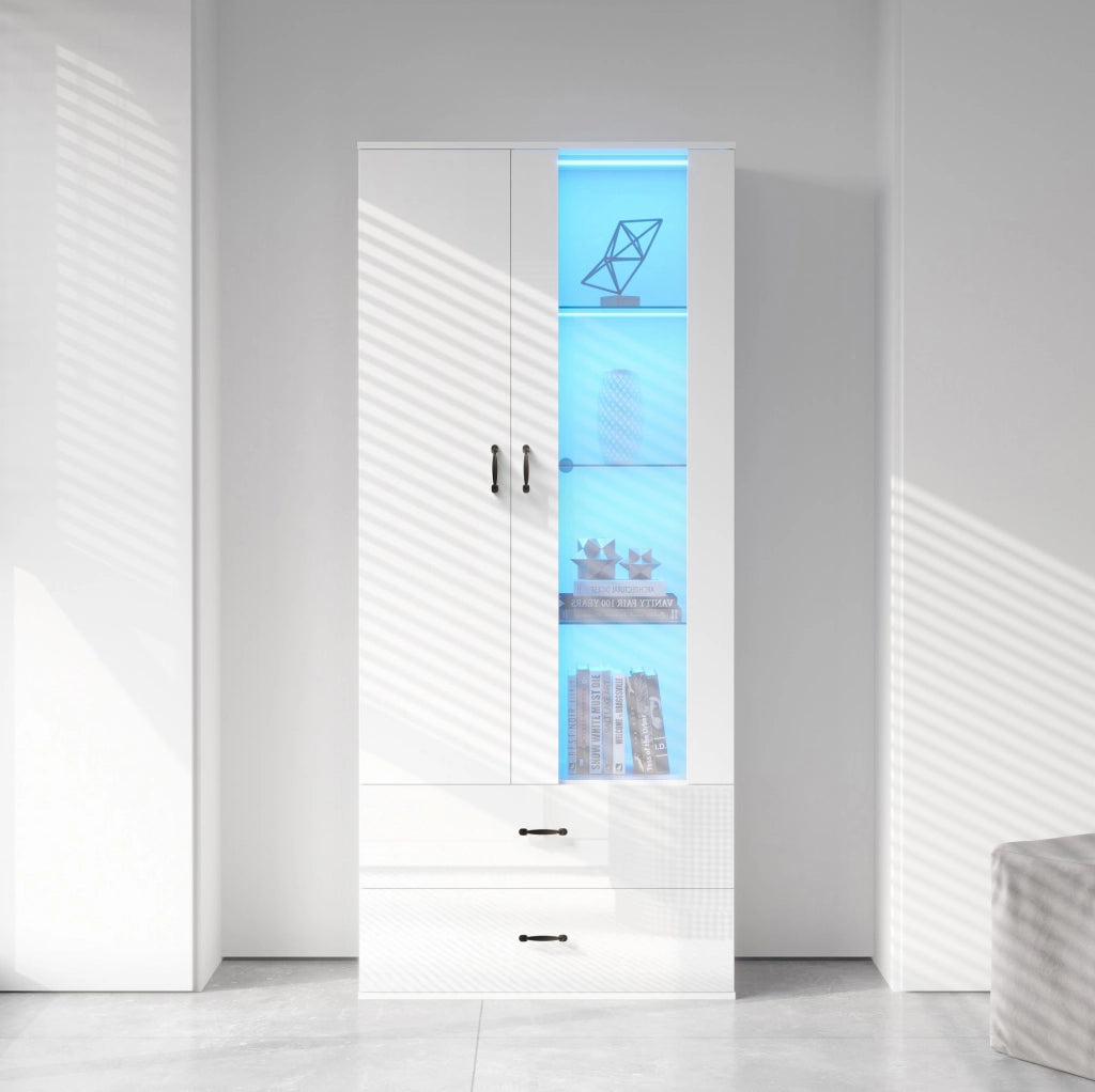 Vetrina libreria LED 59;5x35x182 cm con 2 ante e 2 cassetti in truciolare bianco