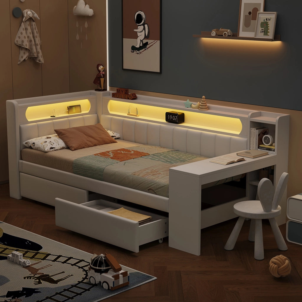 Letto per bambini 90 x 200 cm con scrivania, 2 cassetti, LED 7 colori, USB, bianco, rete a doghe inclusa