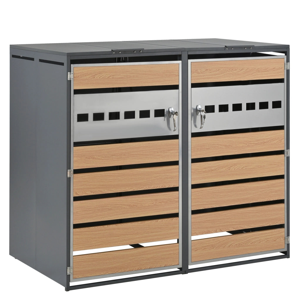 Contenitore per bidoni con coperchio a ribalta idraulico, struttura in acciaio zincato, porte chiudibili a chiave, design elegante con pannelli traforati orizzontalmente