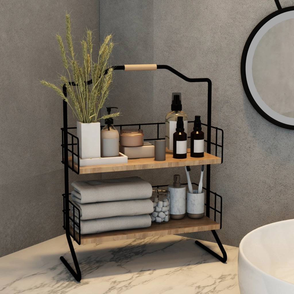 Scaffale Autoportante 'Sallingsund' Organizzatore Decorativa in Metallo con 2 Ripiani in MDF Portaoggetti per Bagno Cucina - Nero / Effetto Legno [en.casa]