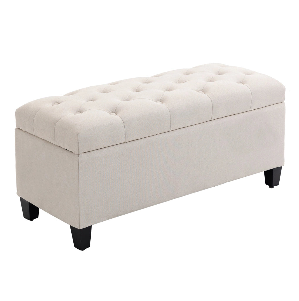 Panca contenitore imbottita in poliestere effetto lino crema 100x40x44 cm con gambe in legno di caucciù