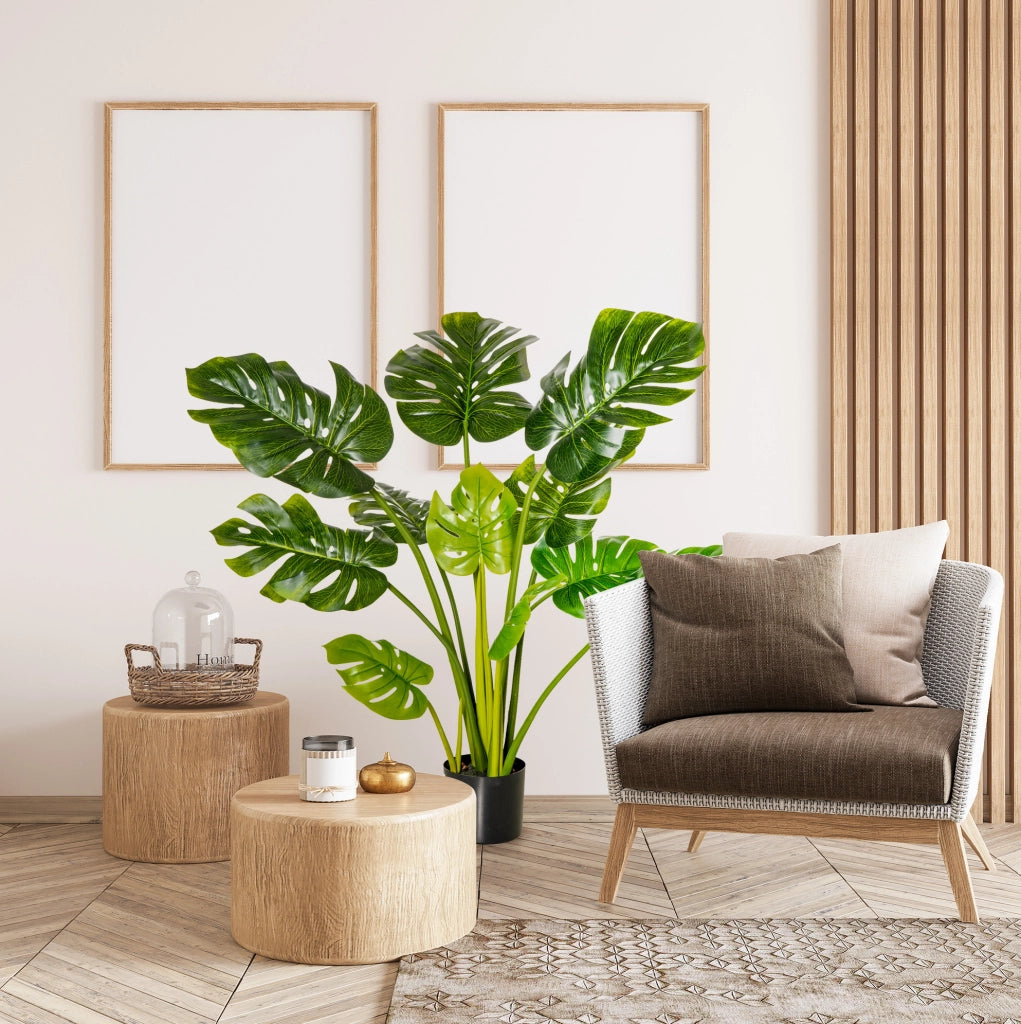 Pianta artificiale Monstera ULEVR 110 cm con 11 foglie e vaso nero, verde