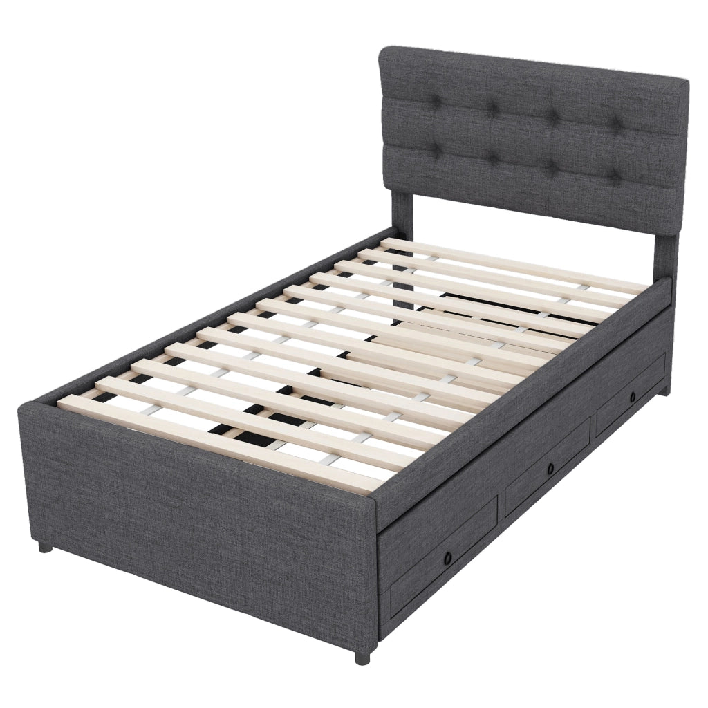 Letto singolo 90x200 cm con letto estraibile 90x190 cm, 3 cassetti e rivestimento in lino grigio