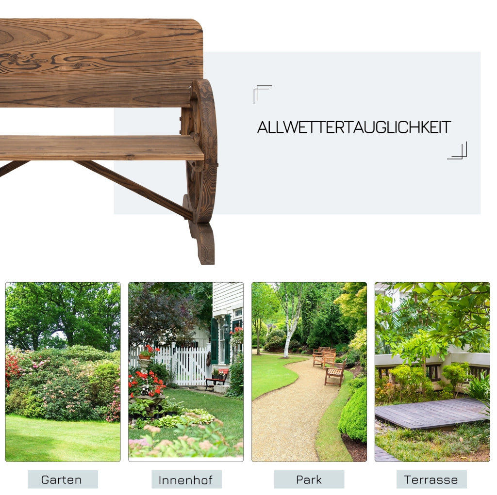Panchina da giardino in legno massello; braccioli a ruota di carro; 114 x 58 x 80 cm; marrone scuro