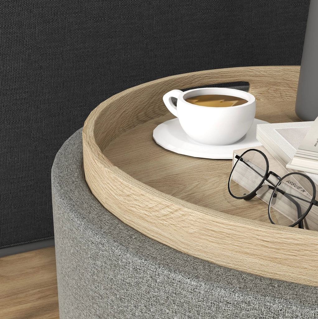 Pouf rotondo con contenitore e coperchio ribaltabile in tessuto effetto lino grigio Ø56 x 42 cm