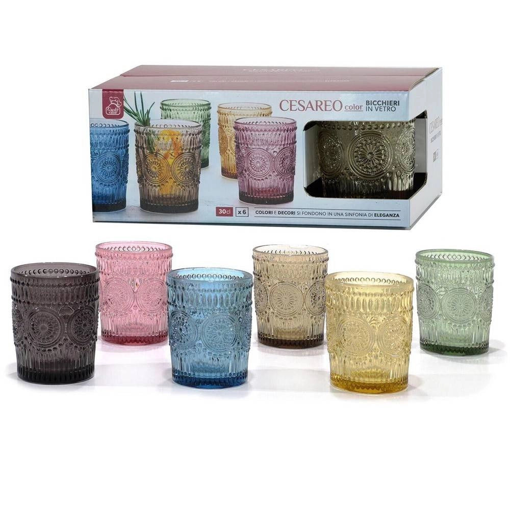 Trade Shop - Set 6 Bicchieri Colorati Da 300ml In Vetro Per Acqua E Vino Bicchiere Colorato -