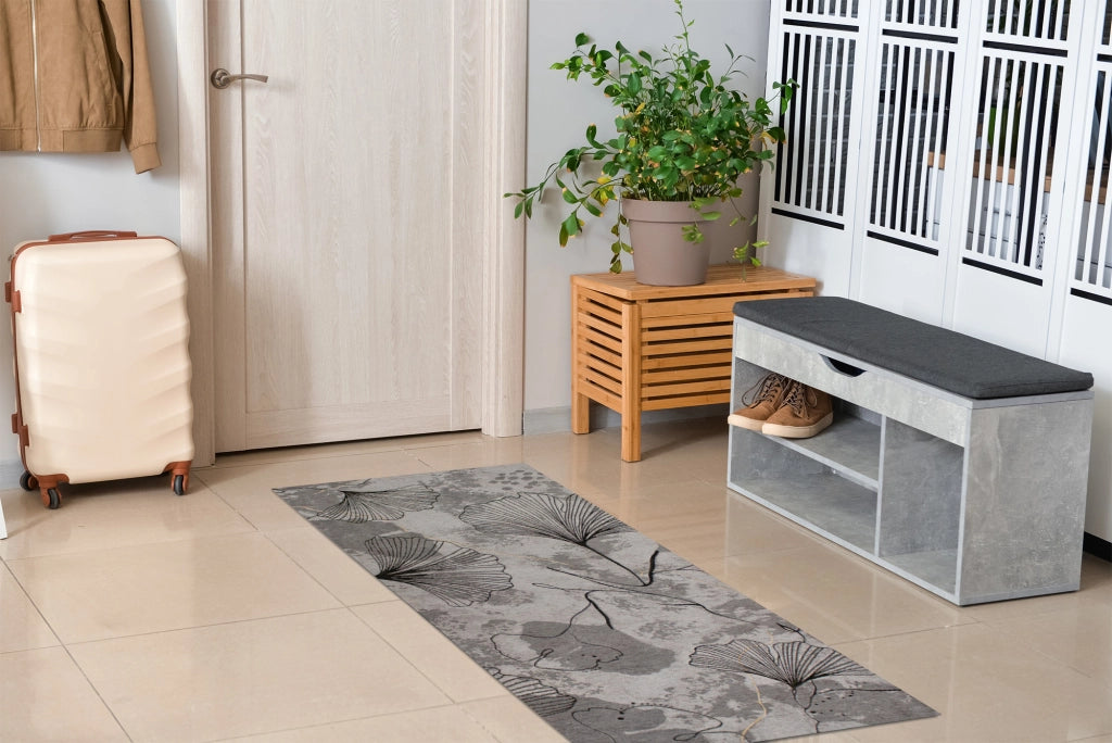Tappeto Arredo Moderno Morbido in Ciniglia Ingresso Antiscivolo Prodotto Italiano  Soggiorno Camera Salotto Disegni Piazzati Cotone Varie Misure Grande Ginko/Perla - 80x150 cm
