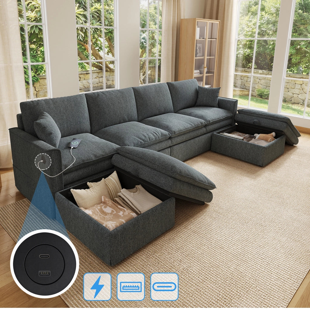 Divano modulare a U o L 6 posti con pouf contenitore, porte USB e Type-C, in cotone e lino grigio, 277×80×135 cm