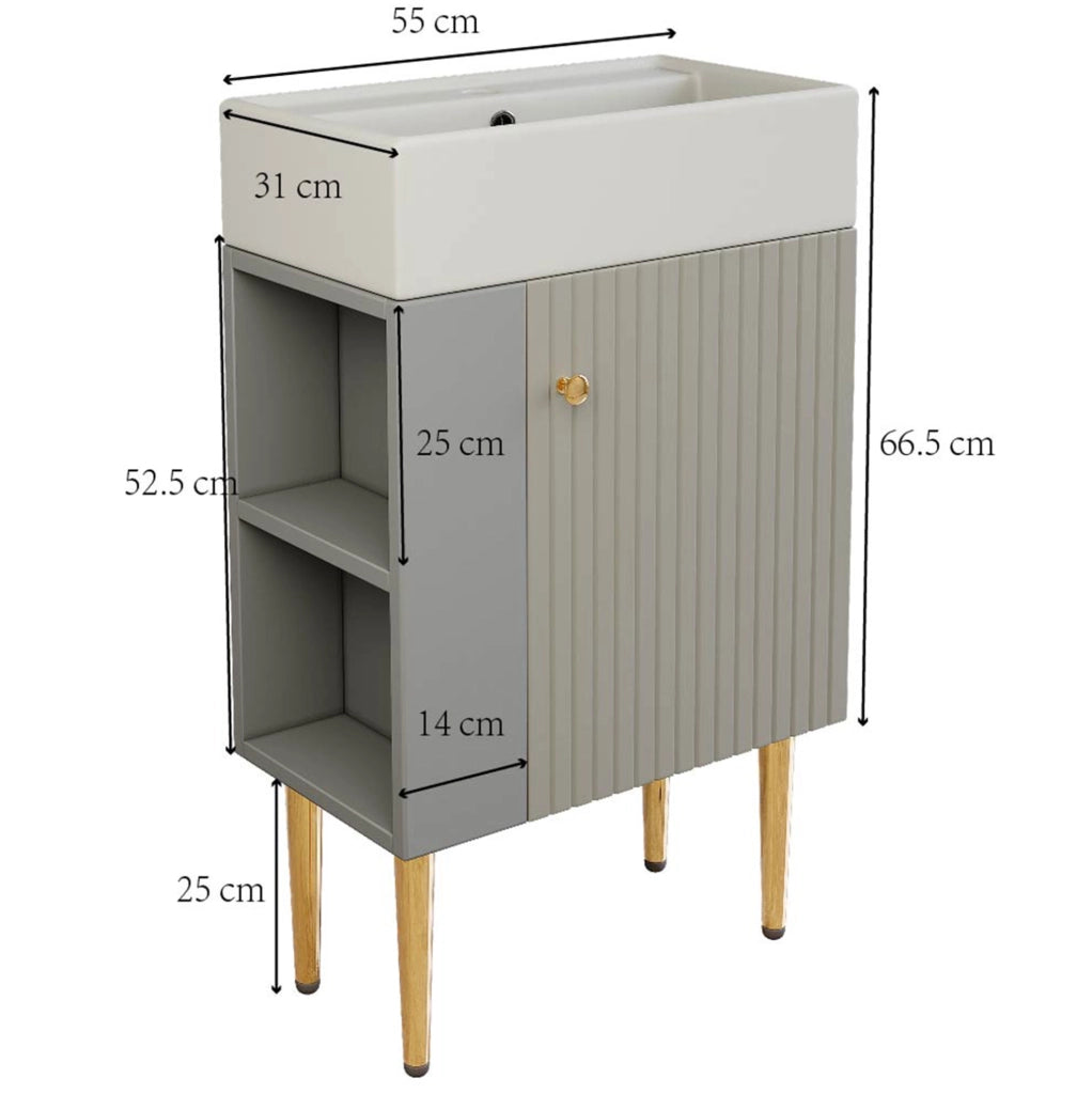 Mobile bagno compatto con lavabo in ceramica lucida e mobile sottolavabo grigio chiaro 55 cm