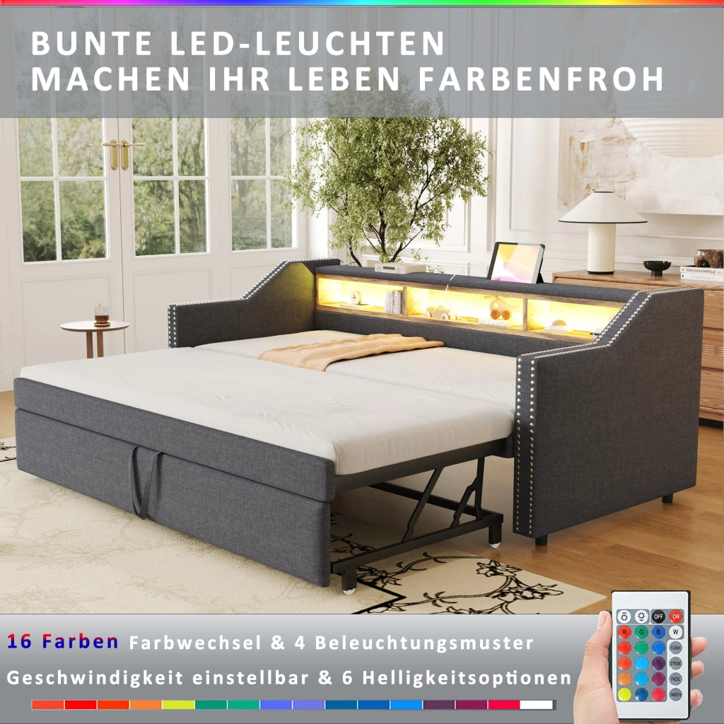 Letto estraibile matrimoniale 90×190 cm e 180×190 cm con 3 ripiani; USB; rete; senza materasso; grigio scuro