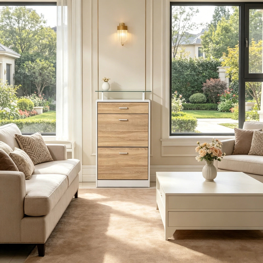 Scarpiera a 2 ante basculanti con divisori regolabili e ripiano in vetro; truciolare E1. bianco e rovere chiaro; 60 × 24 × 105.5 cm
