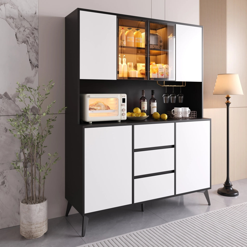 Cristalliera con LED regolabile via app; 3 cassetti e portabicchieri dorato in MDF bianco e nero 120 ¡Á 40 ¡Á 160 cm