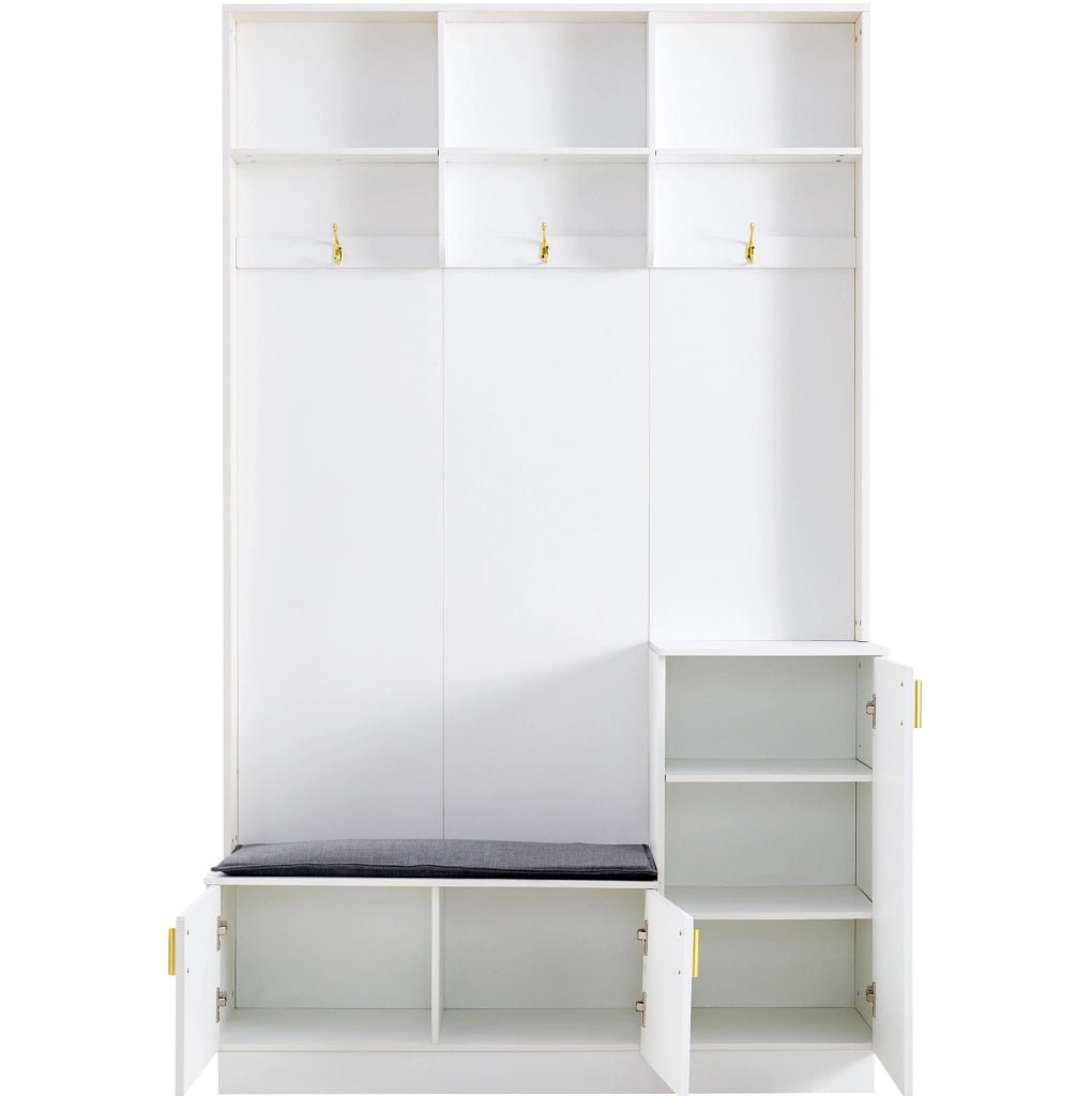 Set appendiabiti con panca e porta scarpe, panca multifunzionale con 3 ganci appesi e spazio aperto, bianco, 120x40x200 cm