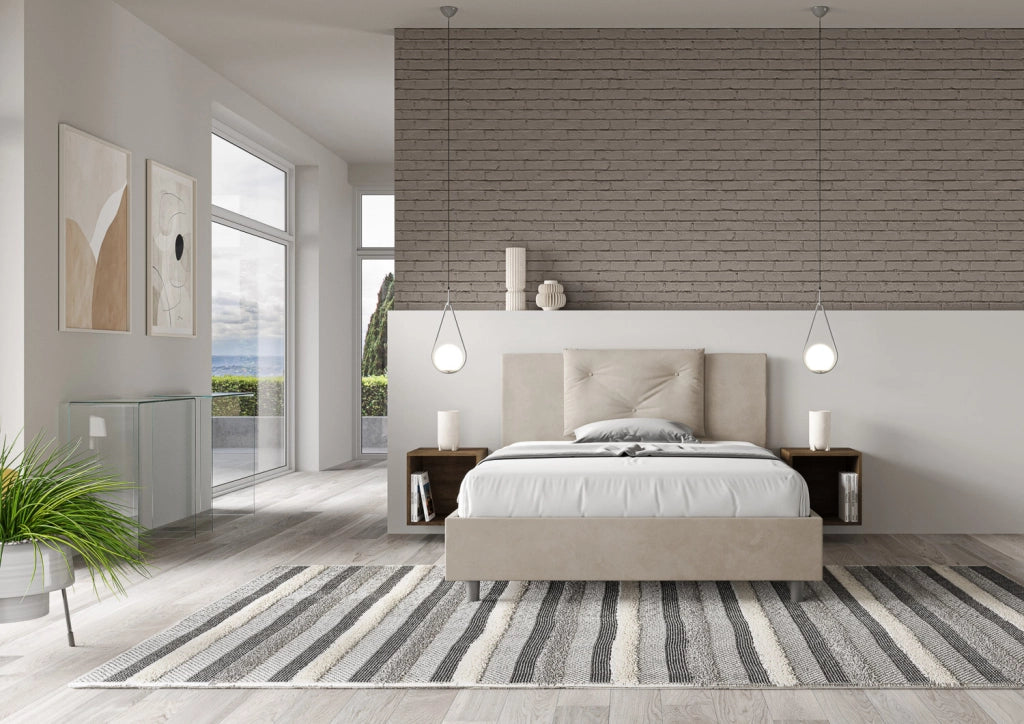 BS COM Letto matrimoniale francese con rete imbottito 140x200 microfibra sabbia