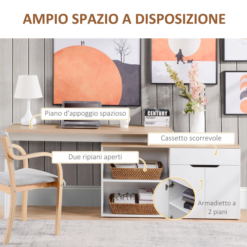 Scrivania Angolare con Libreria a 2 Ripiani, Armadietto e Cassetto, 140x117x76 cm, color Legno e Bianco