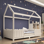 Letto a casetta per bambini 90x200 cm con protezione anticaduta e rete a doghe; legno e MDF bianco