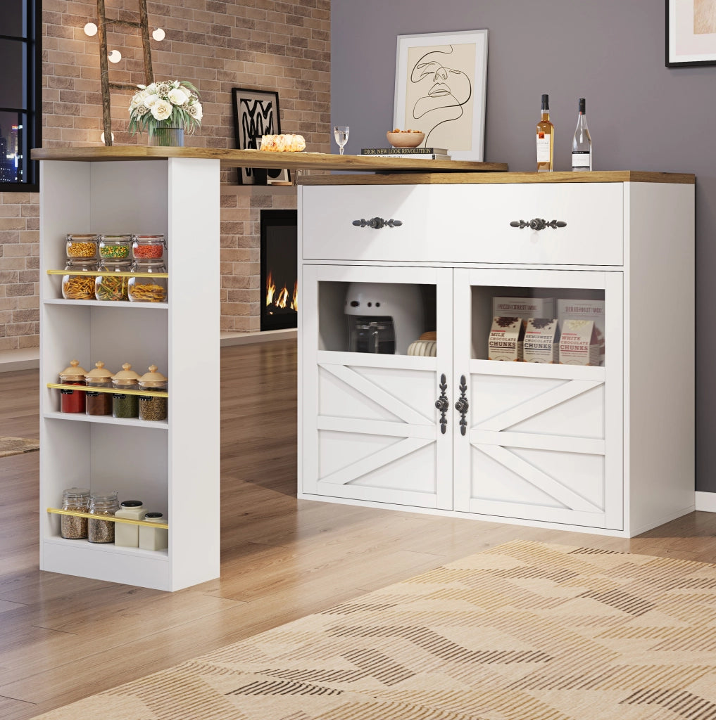 Tavolo Bar Estensibile con Ruota a 360°, MDF Bianco, 138-204×39×104 cm, Mobile Sideboard con Scaffali