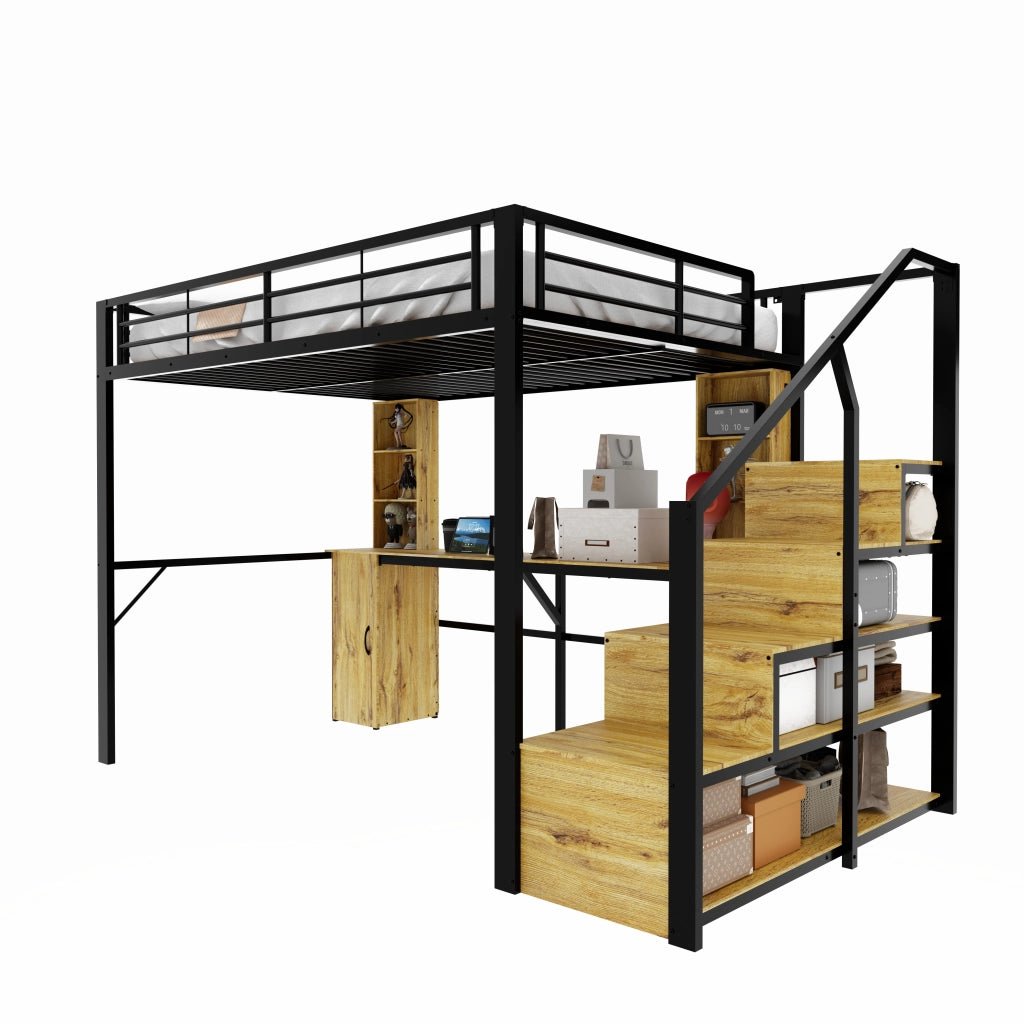 Letto a soppalco 140x200 in metallo con scrivania; porta USB e scale contenitore; nero