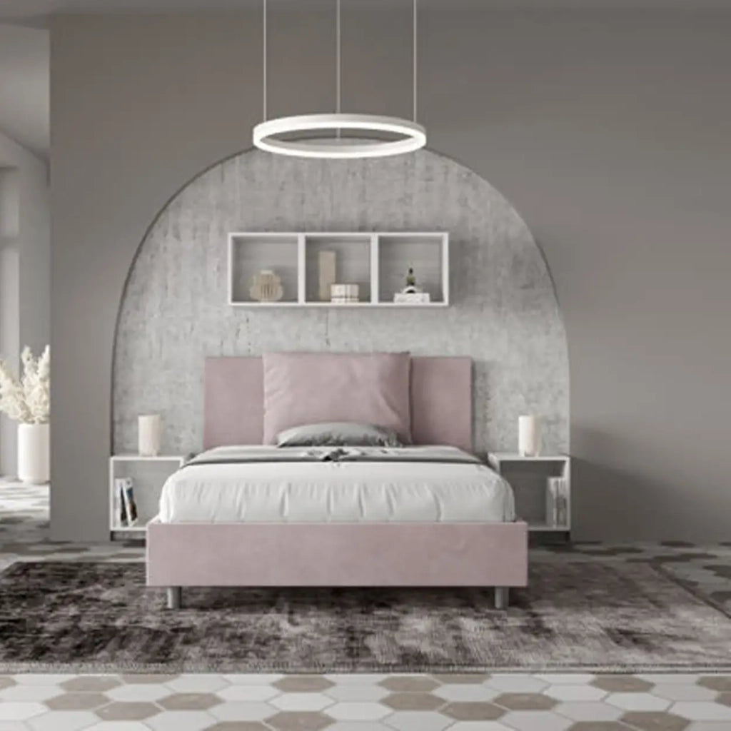 Letto matrimoniale francese con rete imbottito 140x190 microfibra glicine Antea