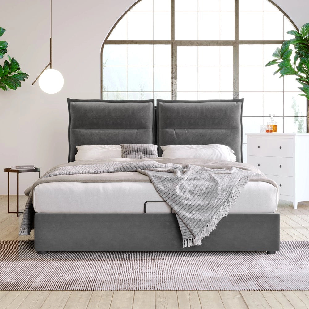 Letto imbottito contenitore matrimoniale ¨C Minimal ¨C Grigio velluto 140x200 cm con rete a doghe in metallo