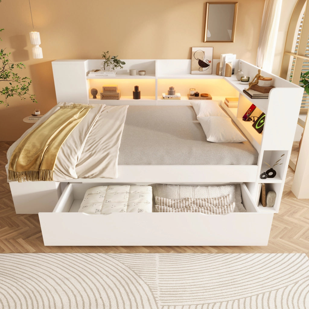 Letto da giorno 140x200 cm bianco con materasso, LED, ricarica USB-C e cassetti